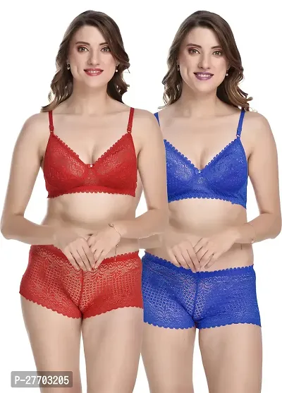 Women Net Bra Panty Set for Lingerie Set Pack of 2  Color : Red,Blue-thumb0