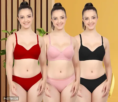 Women Cotton Bra Panty Set for Lingerie Set Pack of 3  Color : Red,Pink,Black-thumb0