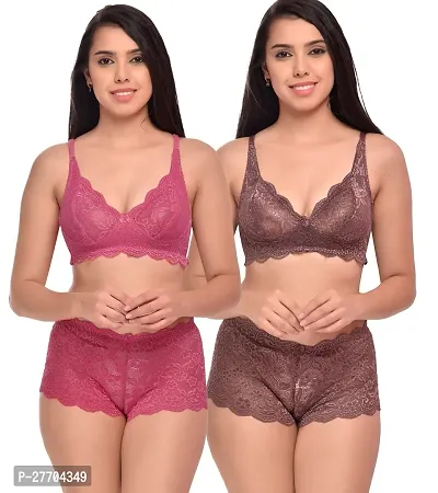 Women Net Bra Panty Set for Lingerie Set Pack of 2  Color : Pink,Maroon-thumb0