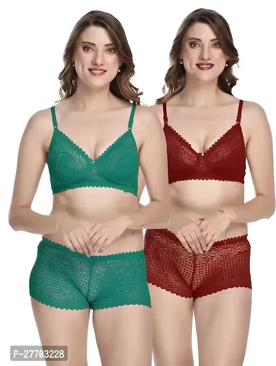 Women Net Bra Panty Set for Lingerie Set Pack of 2  Color : Green,Maroon-thumb0