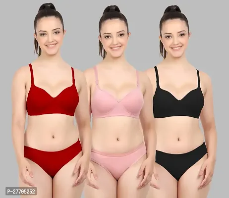 Women Cotton Bra Panty Set for Lingerie Set Pack of 3  Color : Red,Pink,Black-thumb0