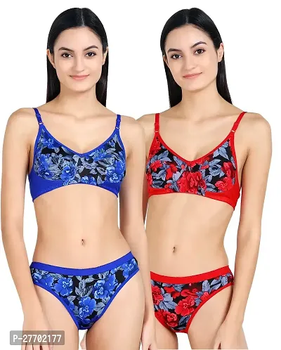 Women Cotton Bra Panty Set for Lingerie Set Pack of 2  Color : Blue,Red  Pattern : Self Design-thumb0