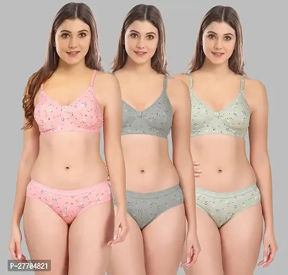 Women Cotton Bra Panty Set for Lingerie Set Pack of 3  Color : Pink,Green,Grey-thumb0