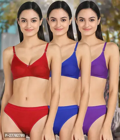 Women Cotton Bra Panty Set for Lingerie Set Pack of 3  Color : Red,Blue,Purple-thumb0