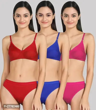 Women Cotton Bra Panty Set for Lingerie Set Pack of 3  Color : Red,Blue,Pink-thumb0