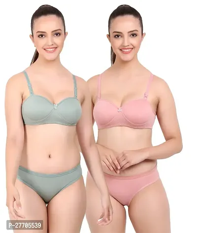 Women Cotton Bra Panty Set for Lingerie Set Pack of 2  Color : Green,Pink-thumb0