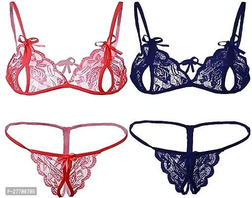 Women Cotton Bra Panty Set for Lingerie Set Pack of 2  Color : Red,Blue-thumb0