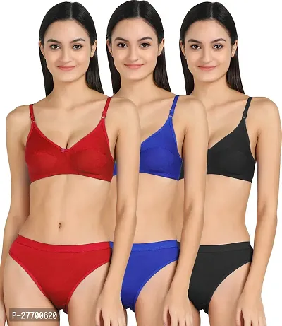 Women Cotton Bra Panty Set for Lingerie Set Pack of 3  Color : Red,Blue,Black-thumb0