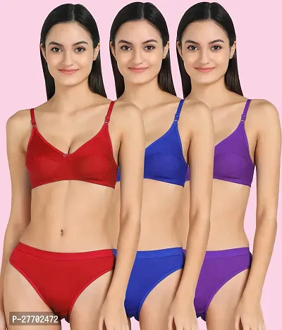 Women Cotton Bra Panty Set for Lingerie Set Pack of 3  Color : Red,Blue,Purple-thumb0