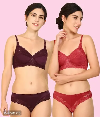 Women Cotton Bra Panty Set for Lingerie Set Pack of 2  Color : Maroon,Red-thumb0