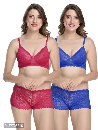 Women Net Bra Panty Set for Lingerie Set Pack of 2  Color : Pink,Blue-thumb0