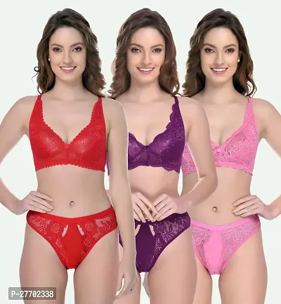 Women Cotton Bra Panty Set for Lingerie Set Pack of 3  Color : Red,Pink,Purple-thumb0