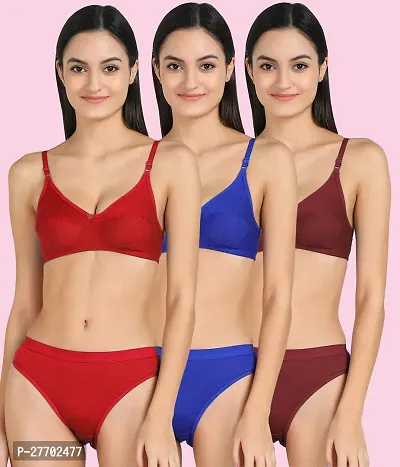 Women Cotton Bra Panty Set for Lingerie Set Pack of 3  Color : Red,Blue,Maroon-thumb0