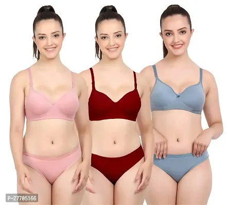 Women Cotton Bra Panty Set for Lingerie Set Pack of 3  Color : Pink,Maroon,Blue-thumb0