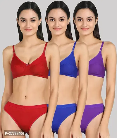 Women Cotton Bra Panty Set for Lingerie Set Pack of 3  Color : Red,Blue,Purple-thumb0