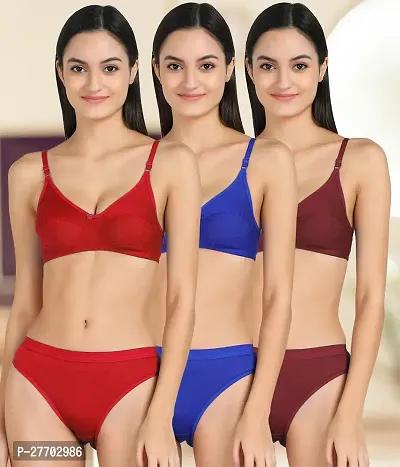 Women Cotton Bra Panty Set for Lingerie Set Pack of 3  Color : Red,Blue,Maroon-thumb0