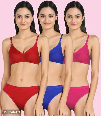 Women Cotton Bra Panty Set for Lingerie Set Pack of 3  Color : Red,Blue,Pink-thumb0