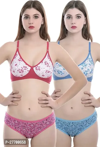 Women Cotton Bra Panty Set for Lingerie Set Pack of 2  Color : Pink,Blue-thumb0