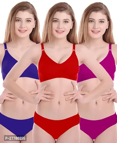 Women Cotton Bra Panty Set for Lingerie Set Pack of 3  Color : Blue,Red,Pink-thumb0