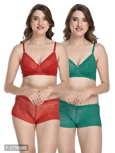 Women Net Bra Panty Set for Lingerie Set Pack of 2  Color : Red,Green-thumb0