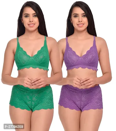 Women Net Bra Panty Set for Lingerie Set Pack of 2  Color : Green,Purple-thumb0