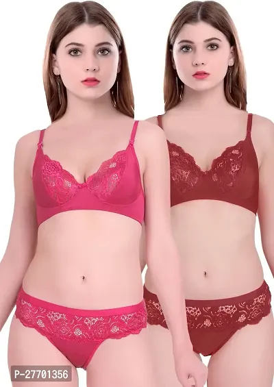 Women Net Bra Panty Set for Lingerie Set Pack of 2  Color : Pink,Maroon  Pattern : Floral Print-thumb0