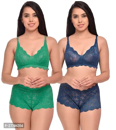 Women Net Bra Panty Set for Lingerie Set Pack of 2  Color : Green,Blue-thumb0