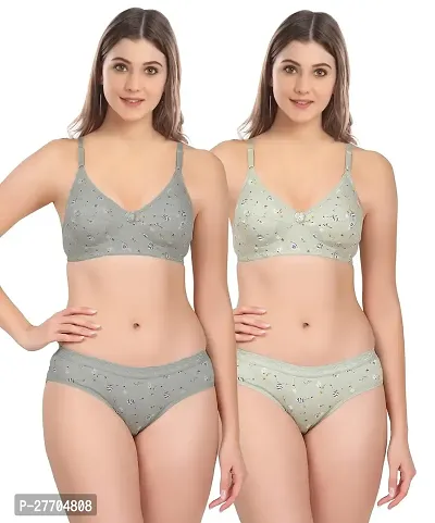 Women Cotton Bra Panty Set for Lingerie Set Pack of 2  Color : Grey,Green-thumb0