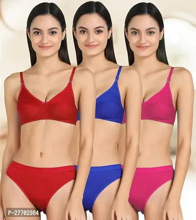 Women Cotton Bra Panty Set for Lingerie Set Pack of 3  Color : Red,Blue,Pink-thumb0