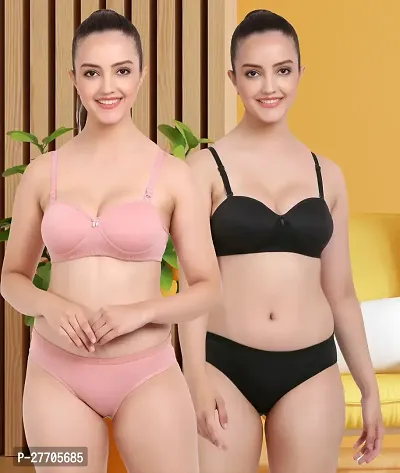 Women Cotton Bra Panty Set for Lingerie Set Pack of 2  Color : Pink,Black-thumb0