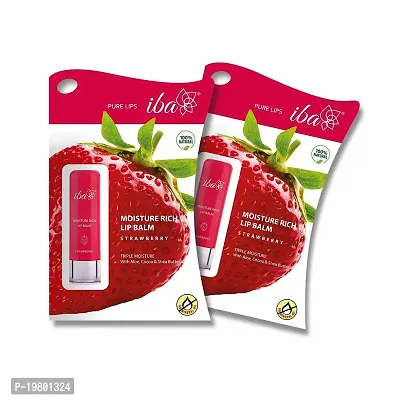 Iba Moisture Rich Lip Balm - Strawberry (Pack of 2) l For Dry Damaged and Chapped Lips | Enriched with Cocoa Butter, Shea Butter l 100% Natural  Vegan