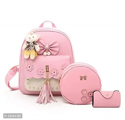 KRISMO Stylish Backpack Comfortable Handbag  Small Bag Combo Pack Of 3 With Teddy (Y-NBW3-02-PNK)-thumb0