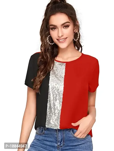 Velmita Women Casual Embroidered Sequence Work Top (Red, X-Large)