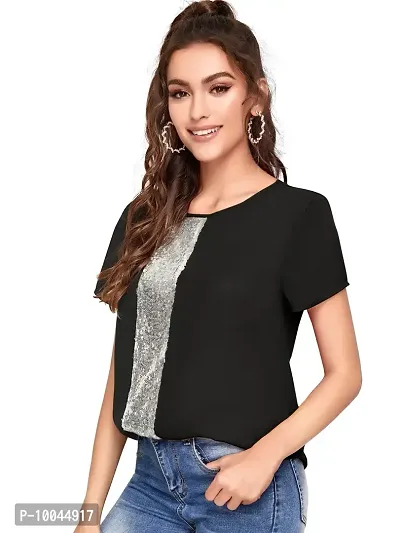 Velmita Women Casual EmbroideBlack Sequence Work Top-thumb2