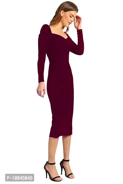 Velmita Women's Midi Bodycon Dress(Wine)-thumb2