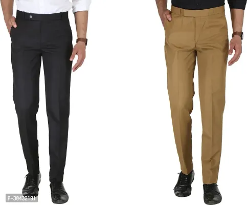 Trendy Multicoloured Cotton Blend Solid Mid-Rise Formal Trouser For Men Pack Of 2