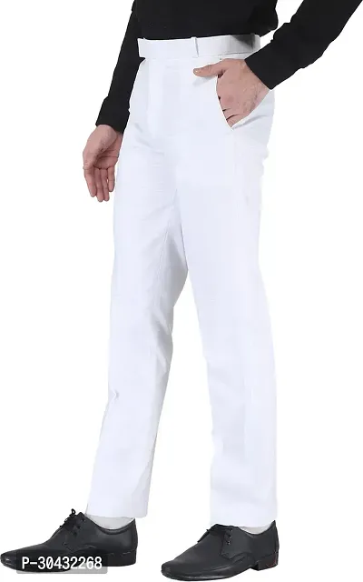 Trendy White Cotton Blend Solid Mid-Rise Formal Trouser For Men-thumb3