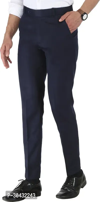 Trendy Blue Cotton Blend Solid Mid-Rise Formal Trouser For Men-thumb3