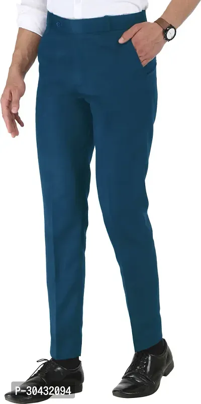 Trendy Blue Cotton Blend Solid Mid-Rise Formal Trouser For Men-thumb4