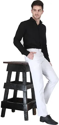 Trendy White Cotton Blend Solid Mid-Rise Formal Trouser For Men-thumb3