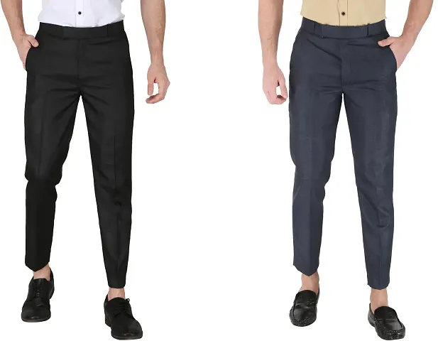 Trendy Multicoloured Cotton Blend Solid Mid-Rise Formal Trouser For Men-Pack Of 2