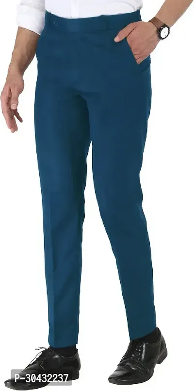 Trendy Blue Cotton Blend Solid Mid-Rise Formal Trouser For Men-thumb3