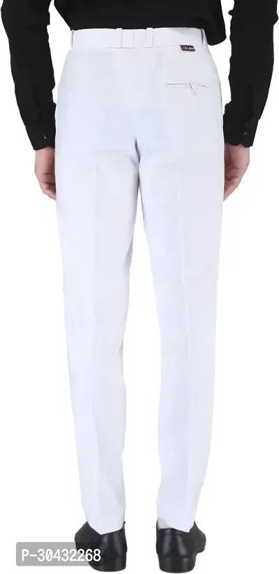 Trendy White Cotton Blend Solid Mid-Rise Formal Trouser For Men-thumb2