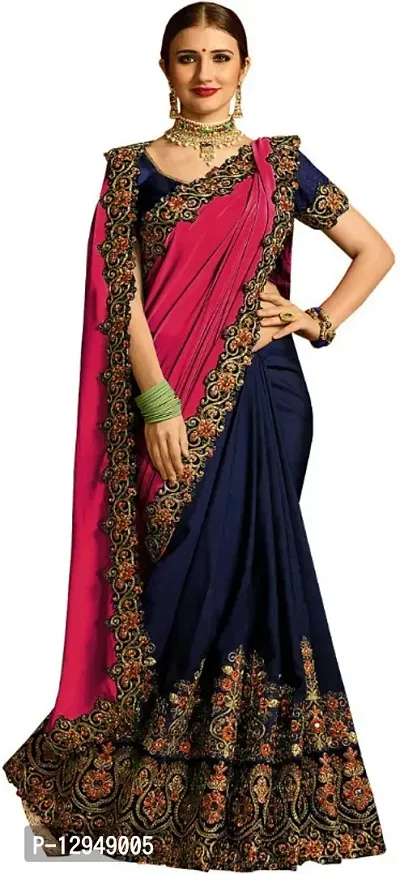 Pink Colored Georgette Half Half Embroidered Saree-thumb0