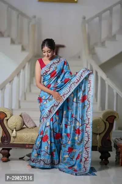 Elegant Blue Linen Printed Bollywood Saree With Blouse Piece-thumb0