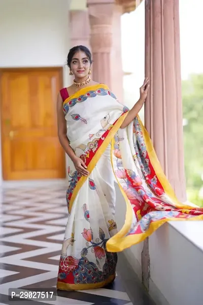 Elegant Cream Linen Printed Bollywood Saree With Blouse Piece
