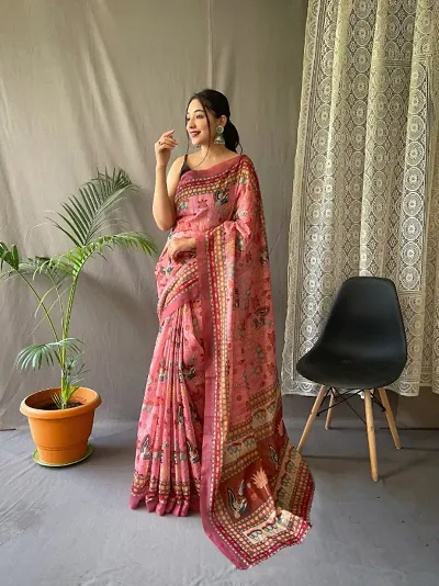 Malai Cotton Digital Print Sarees with Tassels and Blouse Piece