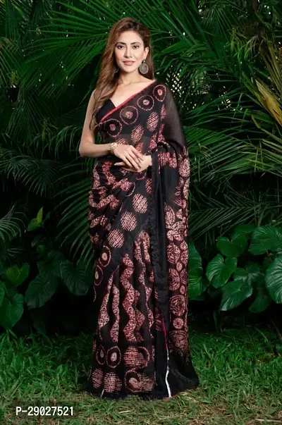 Elegant Black Linen Printed Bollywood Saree With Blouse Piece