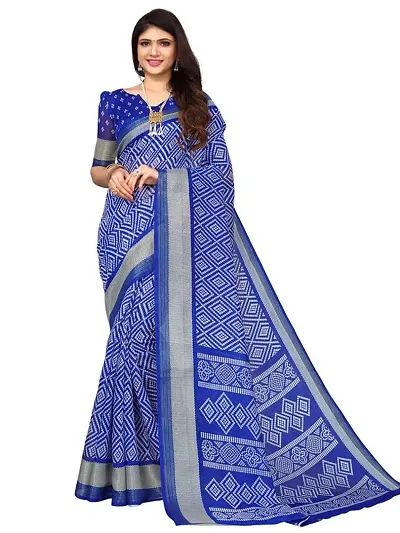 SICHI Women's Knit Cotton Blend Saree (2703S683N_Royal Blue  White)