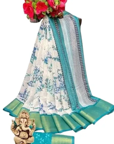 Daily Wear New Collection Saree With Zari Border Floral Print for Women (bottel green)